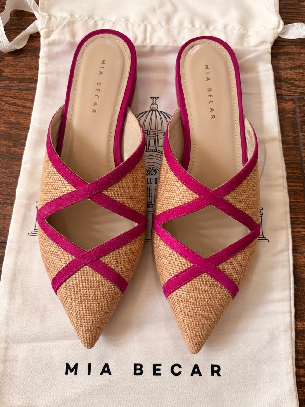 Mia Becar Ines Flat Mule 2 Fuchsia Raffia Suede EU 40